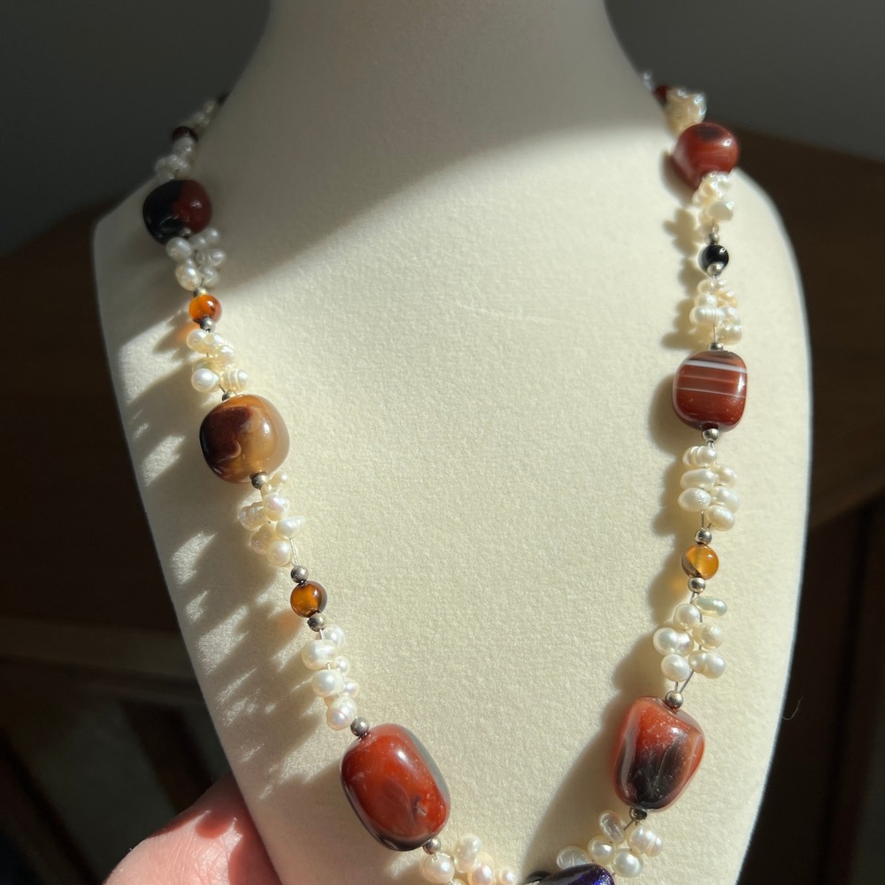 Freshwater Pearl Carnelian Necklace White Red Agate Beaded Boho Statement - Picture 2 of 9
